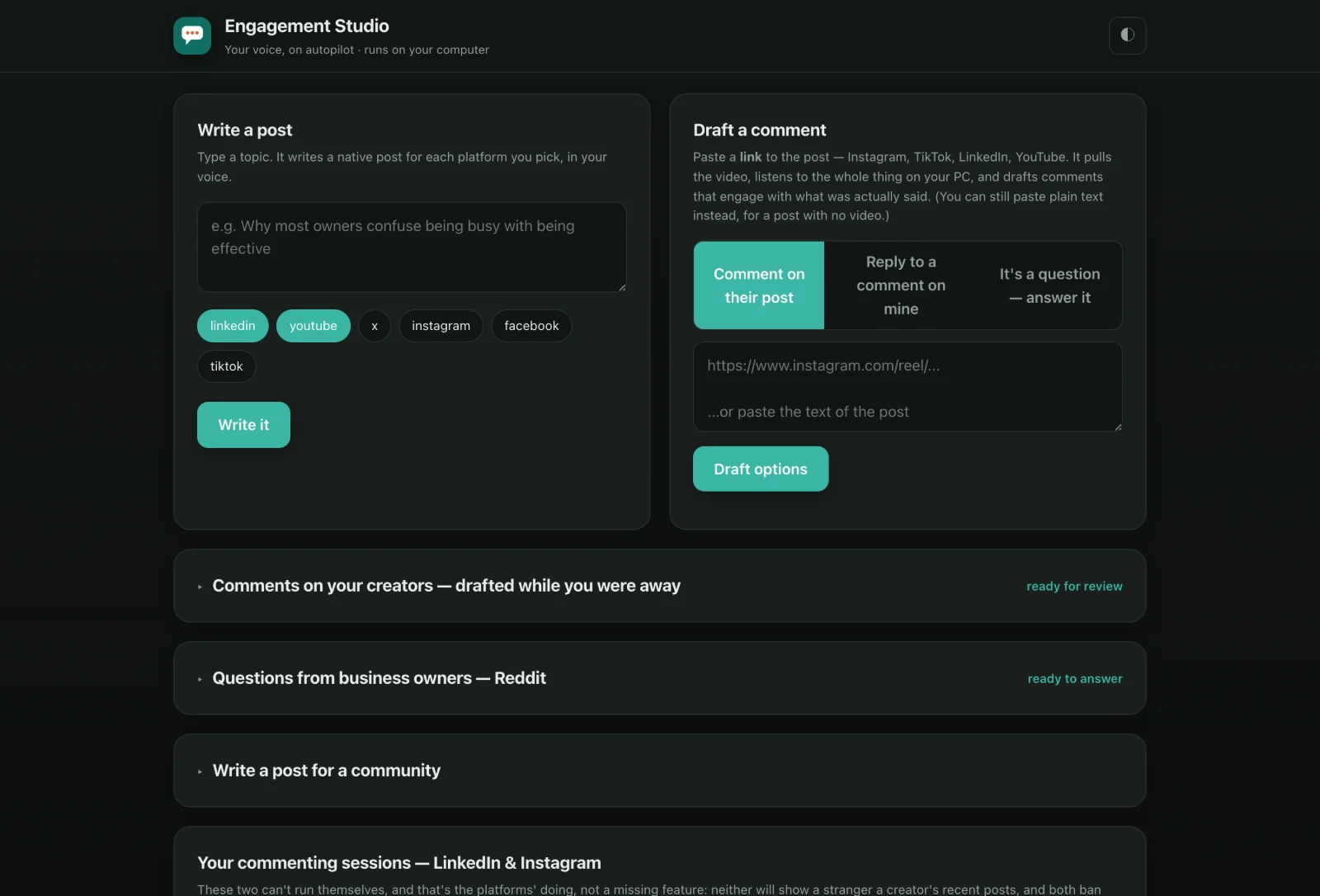 The Engagement Studio dashboard, dark interface, with cards for writing a post, drafting a comment, and reviewing drafted replies.